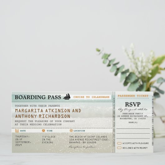 搭乗パスビーチウェーブウェディングの招待&RSVP 招待状 (スタンド正面)