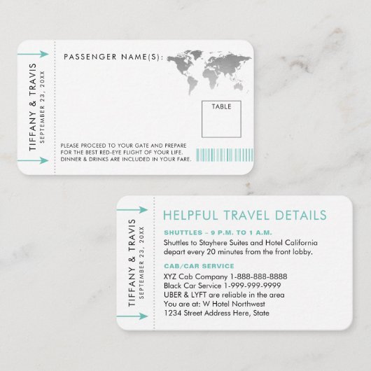 搭乗パス飛行機チケット座席表シルバーマップ プレイスカード (正面/裏面)