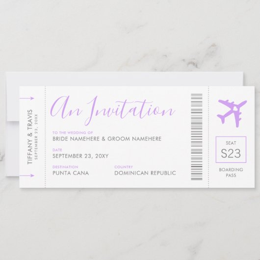 搭乗パス飛行機チケット薄紫旅行 招待状 (正面)
