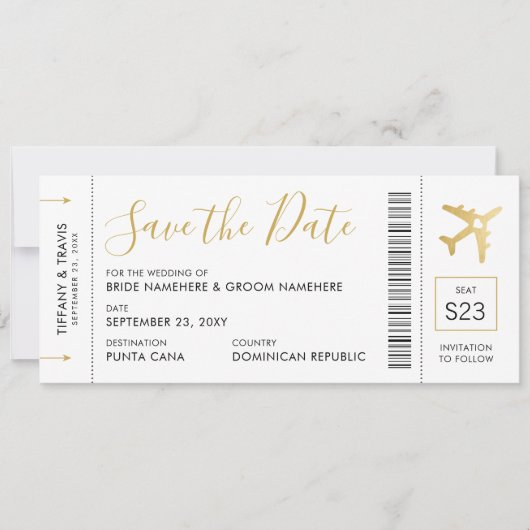 搭乗券のチケット Save the Date ゴールド飛行機カード 案内状 (正面)