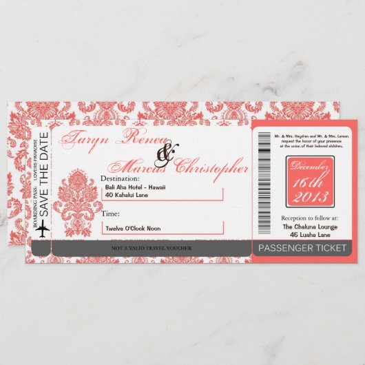搭乗券のリネン結婚式招待状のダマスク織Cora 招待状 (正面/裏面)