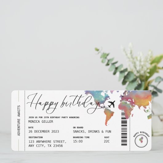 搭乗券の旅行をテーマにした大人の誕生日パーティー 招待状 (スタンド正面)