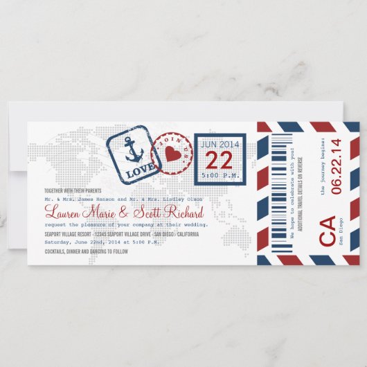 搭乗券の航海のな航空郵便のチケットの招待状 招待状 (正面)