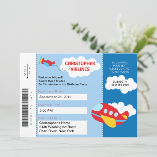 搭乗券の飛行機の誕生日のパーティの招待状 招待状 (スタンド正面)
