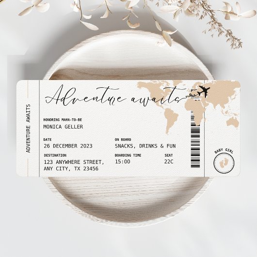 搭乗券アドベンチャー待ちベージュベビーシャワー 招待状