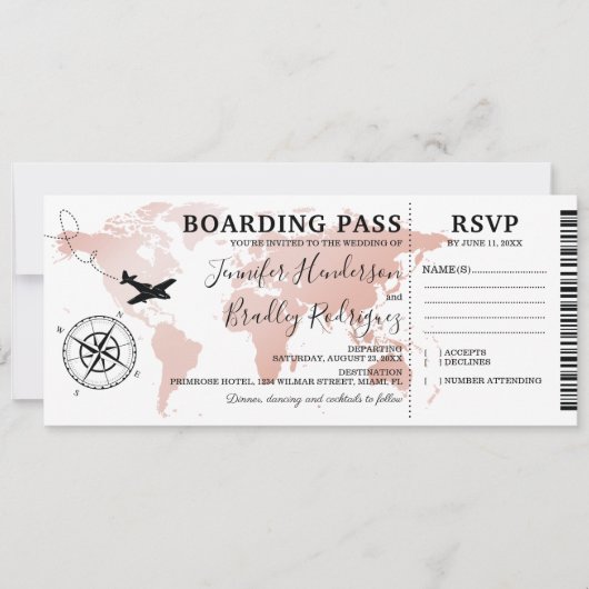 搭乗券バラ金ゴールド結婚の世界地図インビタティ 招待状 (正面)