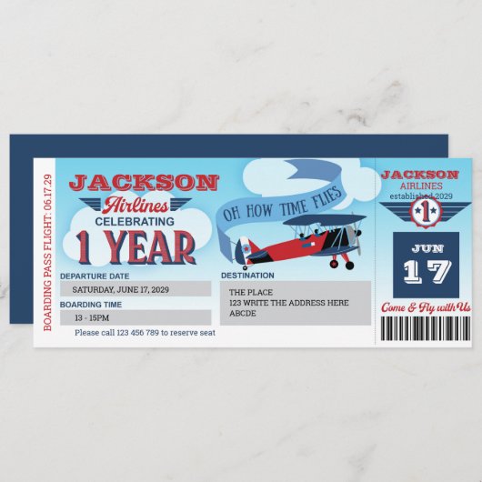 搭乗券、飛行機チケット、タイムフライ、1回目の招待 招待状 (正面/裏面)