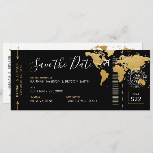 搭乗券Save the Date Black World Map 招待状 (正面/裏面)