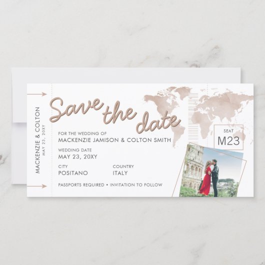 搭乗券Save the Date Photo Tan World Map (正面)