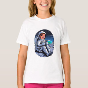 携帯電話で月のスクロールに座っている宇宙飛行士 Tシャツ