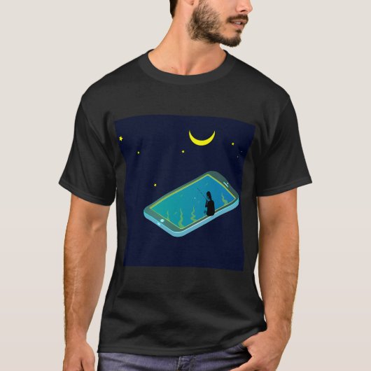 携帯電話と釣りのイラスト、 Tシャツ (正面)