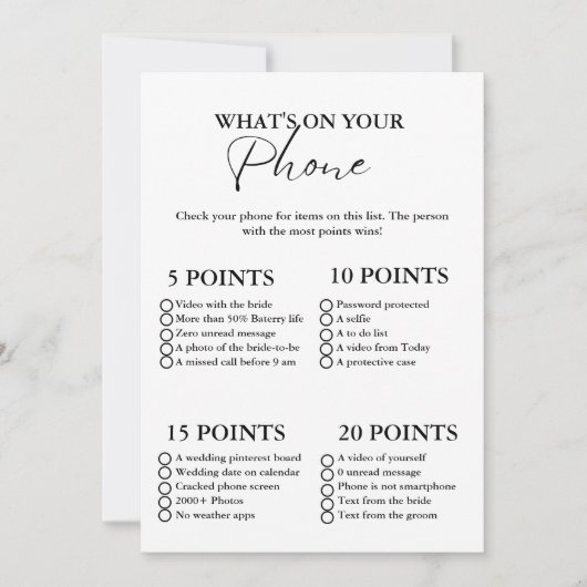 携帯電話のブライダルシャワーゲームカード 招待状 (正面)