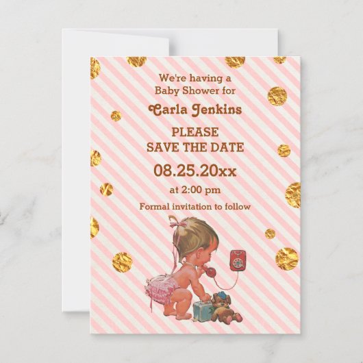 携帯電話のベビーガール金ゴールド紙吹雪を日付を節約 マグネット招待状 (正面)