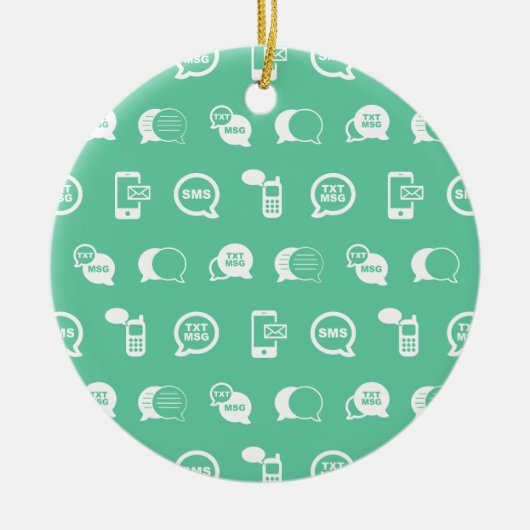 携帯電話の文字メッセージと電子メールをテーマにしたティール(緑がかった色)デザイン セラミックオーナメント (正面)