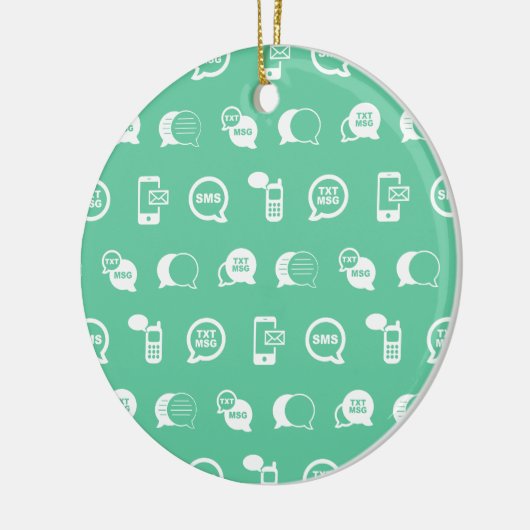 携帯電話の文字メッセージと電子メールをテーマにしたティール（緑がかった色）デザイン セラミックオーナメント (左)
