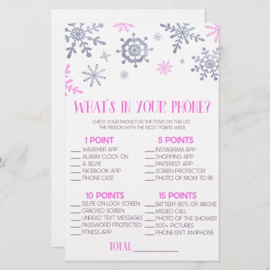 携帯電話の赤ちゃんシャワーゲームでピンクのスノーフレーク 便箋 (正面/裏面)