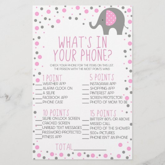 携帯電話の赤ちゃんシャワーゲームでピンクの灰色の象 便箋 (正面)