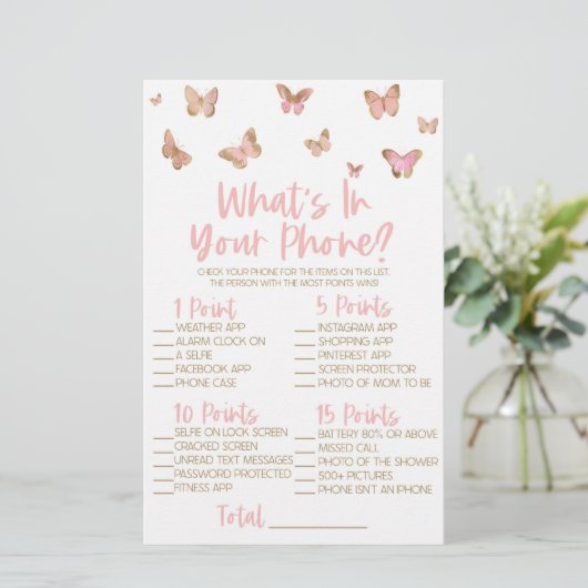 携帯電話の赤ちゃんシャワーゲームでピンクの蝶 便箋 (スタンド正面)