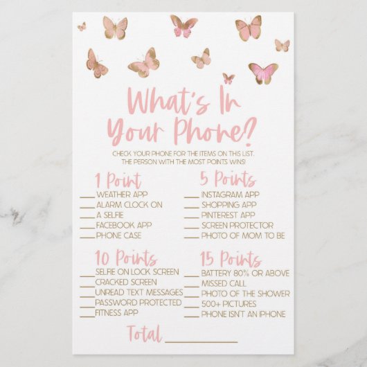 携帯電話の赤ちゃんシャワーゲームでピンクの蝶 便箋 (正面)