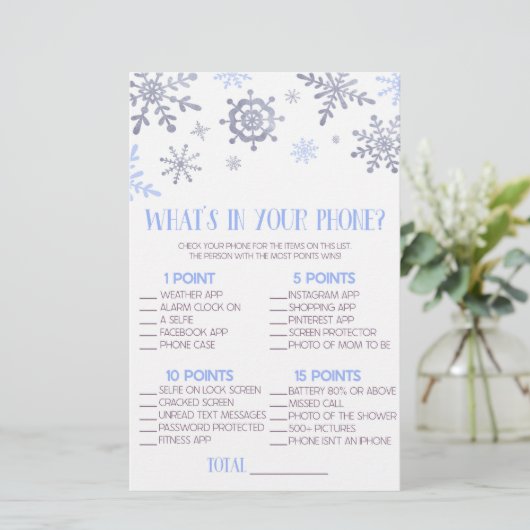 携帯電話の赤ちゃんシャワーゲームの青いスノーフレーク 便箋 (スタンド正面)