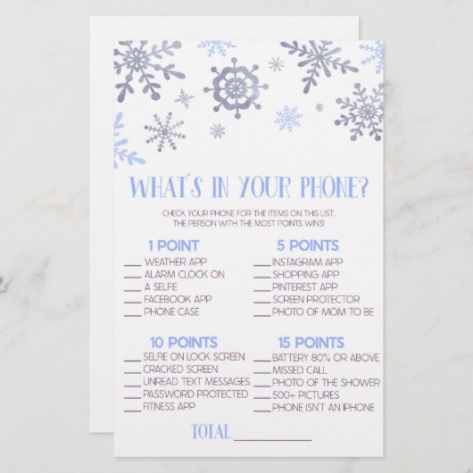 携帯電話の赤ちゃんシャワーゲームの青いスノーフレーク 便箋 (正面/裏面)