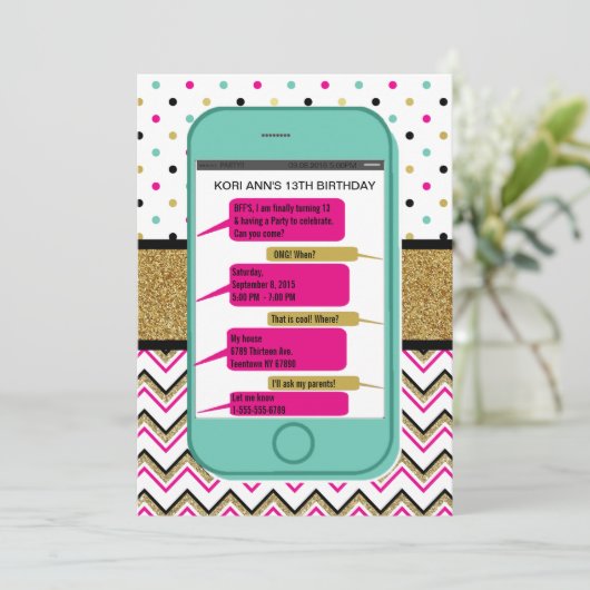 携帯電話メールや文字を打つ招待状-10代の誕生日 招待状 (スタンド正面)