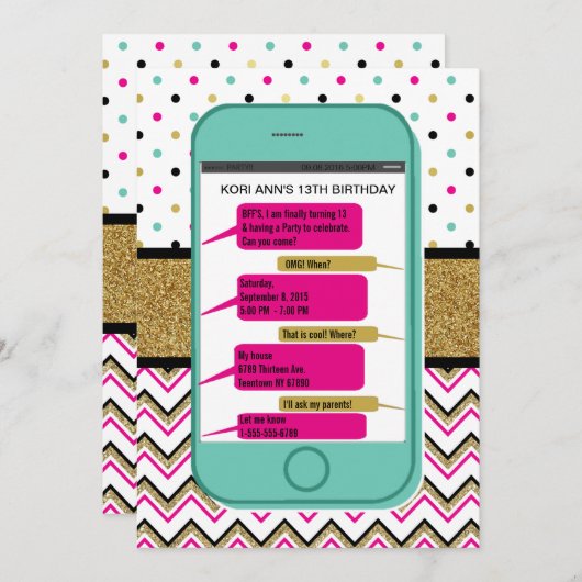 携帯電話メールや文字を打つ招待状-10代の誕生日 招待状 (正面/裏面)