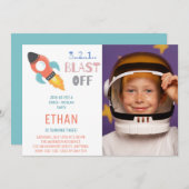 撃て!宇宙ロケット船の誕生日写真 招待状 (正面/裏面)