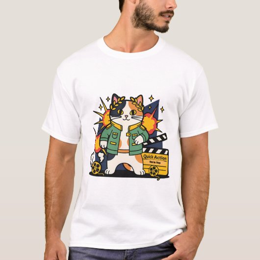 撮影現場のアクション猫ヒーロー Tシャツ (正面)