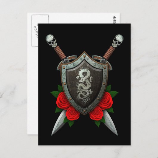 擦り切れた中国の龍の盾とバラ剣 ポストカード (正面/裏面)