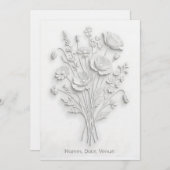 擬似エンボス加工のワイルドフラワーホワイトオンホワイト ミニマル 招待状 (正面/裏面)