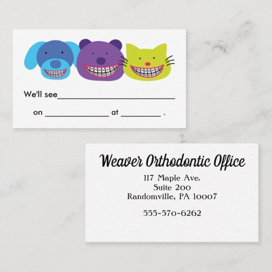 支柱の歯科矯正医のかわいい動物 予約カード (正面/裏面)