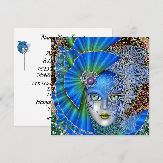 改訂された仮面舞踏会マーディグラ招待状 招待状 (正面/裏面)