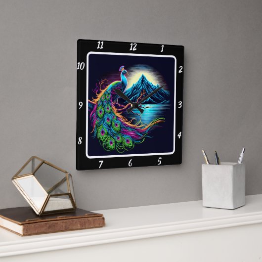 放射ネオンピーコック スクエア壁時計 (オフィス)