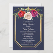 放射フローラネイビーブルーブルゴーニュ赤ちゃんシャワー 招待状 (正面)
