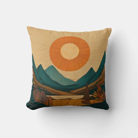 放射太陽と幾何学山脈の抽象芸術ランド クッション (正面)