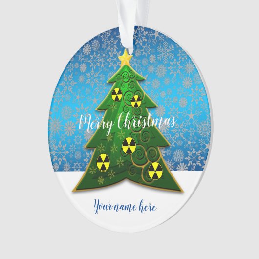 放射線シンボル付きの緑のクリスマスツリー オーナメント (正面)