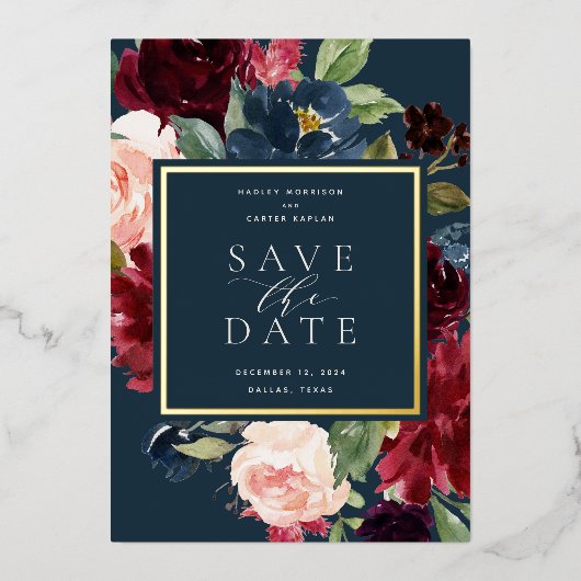 放射開花フォイル日付カードを保存 箔招待状 (正面)