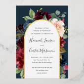 放射開花フローラ結婚アーチ 箔招待状 (正面)