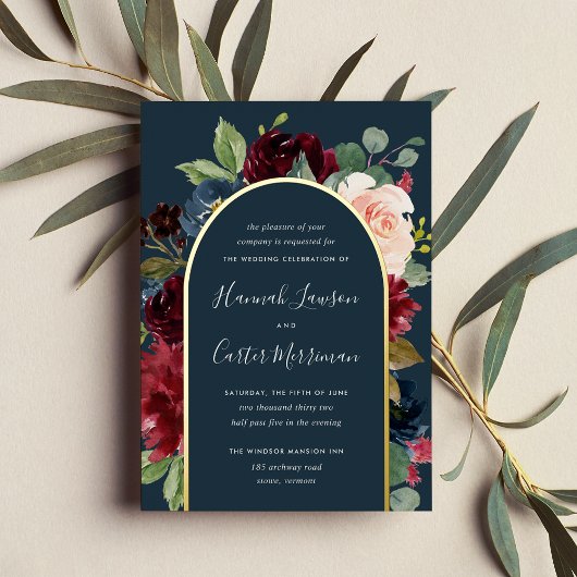 放射開花フローラ結婚アーチ 箔招待状