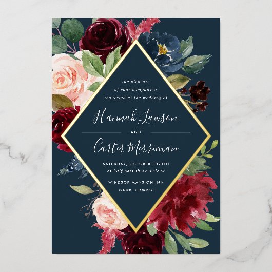 放射開花フローラ結婚フレーム 箔招待状 (正面)