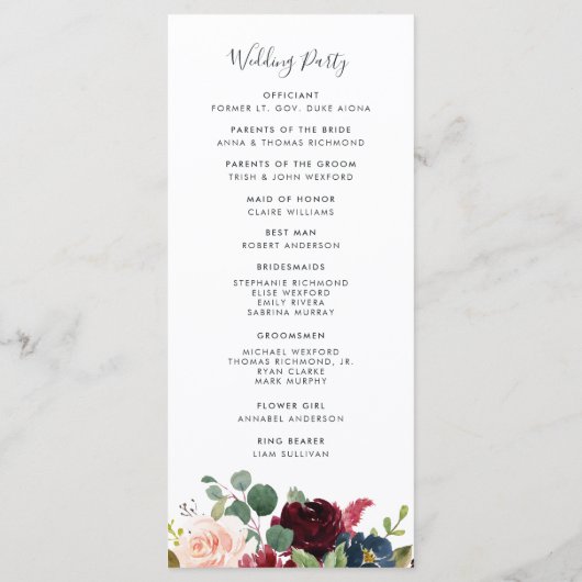 放射開花リース結婚の式プログラム プログラム (裏面)