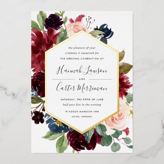 放射開花幾何学的フローラ結婚フレーム 箔招待状 (正面)