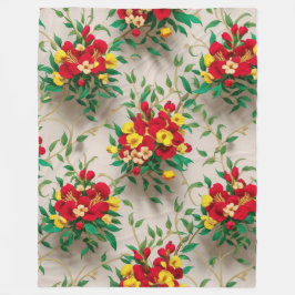 放射開花:赤鮮やかと黄色のフローラ フリースブランケット