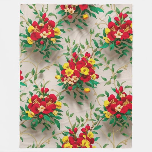 放射開花:赤鮮やかと黄色のフローラ フリースブランケット (正面)