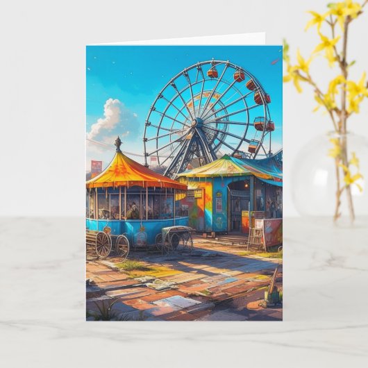 放棄されたカーニバル空の観覧車と乗り物 カード (黄色い花)