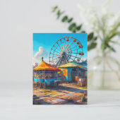 放棄されたカーニバル空の観覧車と乗り物 ポストカード (スタンド正面)