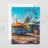 放棄されたカーニバル空の観覧車と乗り物 ポストカード (正面/裏面)
