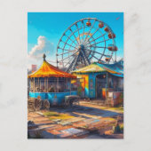 放棄されたカーニバル空の観覧車と乗り物 ポストカード (正面)