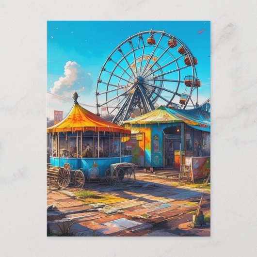 放棄されたカーニバル空の観覧車と乗り物 ポストカード (正面)